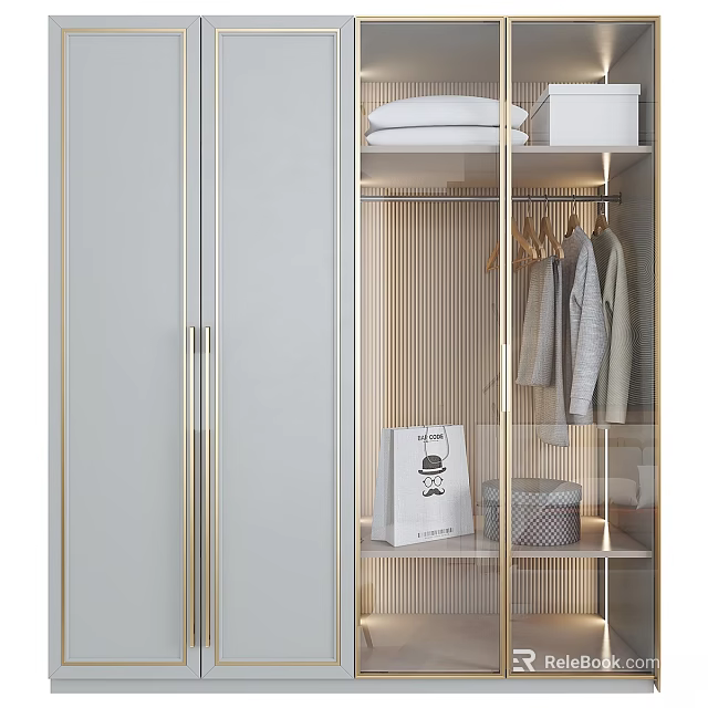 Elegant Modern Dresser Interior With Glass Doors Gold Handles And Storage Boxes 3d model 