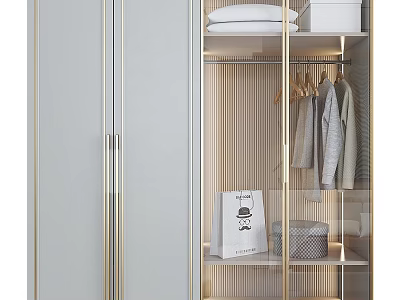 Elegant Modern Dresser Interior With Glass Doors Gold Handles And Storage Boxes 3d model