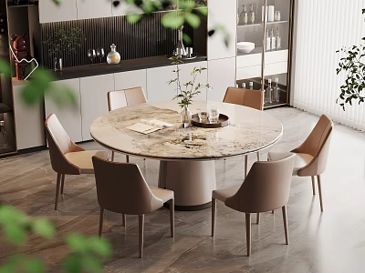 Modern Round Dining Table Set With Marble Top Beige Chairs And Green Plants 3d model