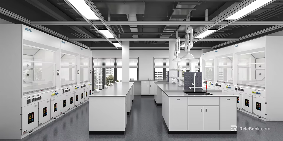 Modern Laboratory Interior With White Workbenches Cabinets And Fume Hoods 3d model 