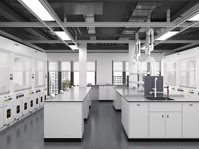 Modern Laboratory Interior With White Workbenches Cabinets And Fume Hoods 3d model