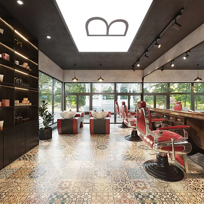 Modern Hair Salon Interior With Red Barber Chairs Large Windows Black Cabinets And Plants 3d model