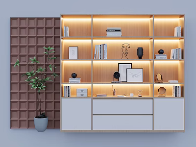 Modern Wooden Bookshelf with LED Lighting Decorative Paintings Books White Drawers and Green Plant 3d model
