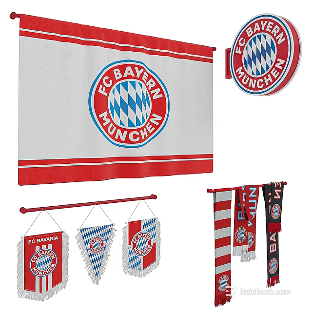 FC Bayern München Flag Collection With Official Logo Hanging Banners And Scarves 3d model 