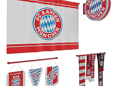 FC Bayern München Flag Collection With Official Logo Hanging Banners And Scarves 3d model