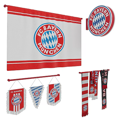 FC Bayern München Flag Collection With Official Logo Hanging Banners And Scarves 3d model