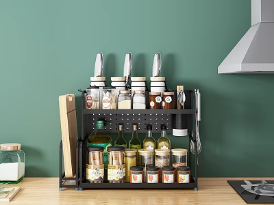 Spice Jars Organized in Kitchen Countertop Rack with Knives and Cutting Board 3d model
