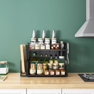Spice Jars Organized in Kitchen Countertop Rack with Knives and Cutting Board 3d model