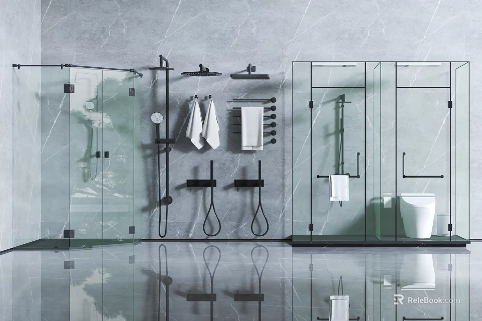Modern Bathroom Featuring Rain Shower Head Glass Enclosure Gray Marble Wall And Hanging Towels 3d model 