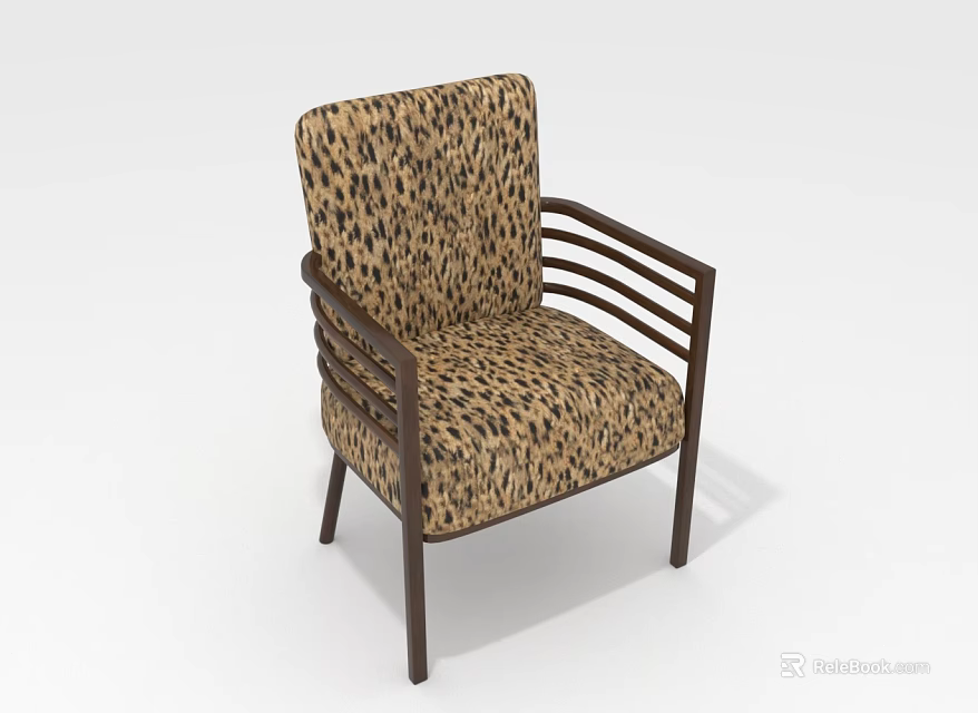 Single Sofa With Leopard Print Upholstery Dark Wood Slatted Arms And Sturdy Legs 3d model 