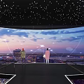 Modern Spherical Cinema Interior With Large Screen City View Smooth Floor And Ceiling Lights