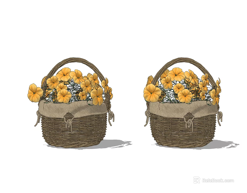 Two Woven Wicker Baskets With Yellow Flowers And Linen Lining Handles 3d model 