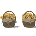 Two Woven Wicker Baskets With Yellow Flowers And Linen Lining Handles