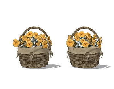 Two Woven Wicker Baskets With Yellow Flowers And Linen Lining Handles 3d model