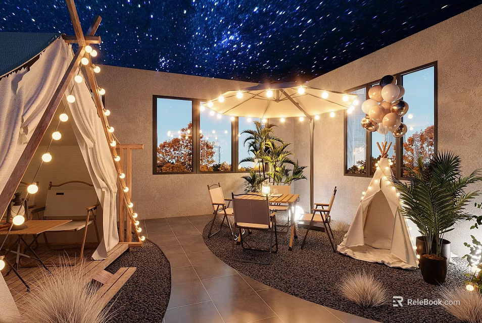 Cozy Café Interior With Starry Sky Ceiling Tents String Lights Balloons Dining Table And Plants 3d model 