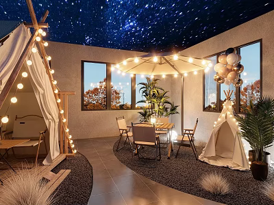 Cozy Café Interior With Starry Sky Ceiling Tents String Lights Balloons Dining Table And Plants 3d model