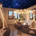 Cozy Café Interior With Starry Sky Ceiling Tents String Lights Balloons Dining Table And Plants