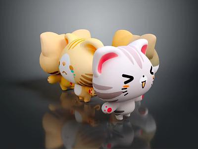 Cute Cartoon Cat Dolls Standing With Yellow White Colors And Adorable Expressions 3d model