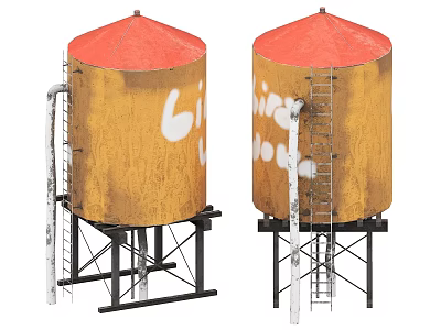 Industrial Water Towers With Red Tops Yellow Bodies White Graffiti Ladders And Support Structures 3d model