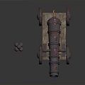 Vintage Historical Weapon Cannon With Rusty Metal Barrel Wooden Carriage And Cannonballs