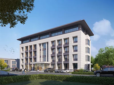 Modern Multi Story Office Building Exterior With Glass Facade Landscaping Trees And Parking Lot 3d model