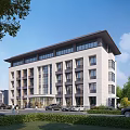 Modern Multi Story Office Building Exterior With Glass Facade Landscaping Trees And Parking Lot