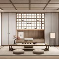 Traditional Japanese Tea Room With Wooden Ceiling Lattice Screen Tatami Mats And Tea Set