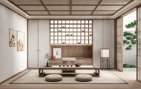 Japanese Style Tea Room Tatami Tea Room Tea Table Tea Table and Chair Partition Moving Door 3d model