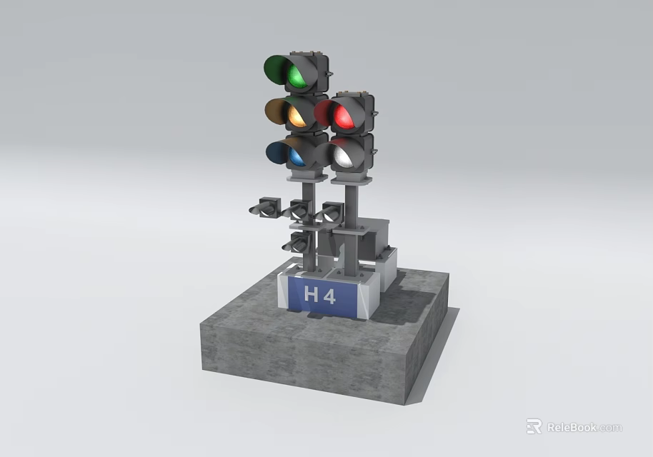 Detailed Traffic Light Model With Colored Lights On Concrete Base And H4 Sign 3d model 
