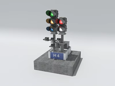 Detailed Traffic Light Model With Colored Lights On Concrete Base And H4 Sign 3d model
