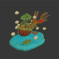 Vibrant Red Flying Bird With Long Feathers Among Clouds And Green Tree On Blue Platform