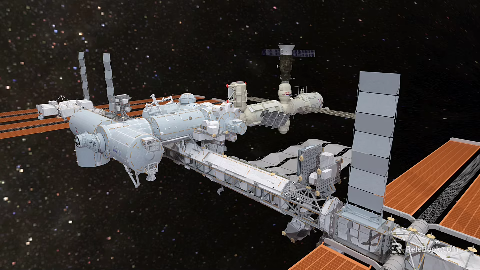 Cartoon Scene of Space Station with Multiple Modules and Solar Panels in Starry Space Background 3d model 