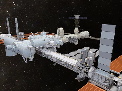 Cartoon Scene of Space Station with Multiple Modules and Solar Panels in Starry Space Background 3d model