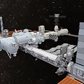 Cartoon Scene of Space Station with Multiple Modules and Solar Panels in Starry Space Background