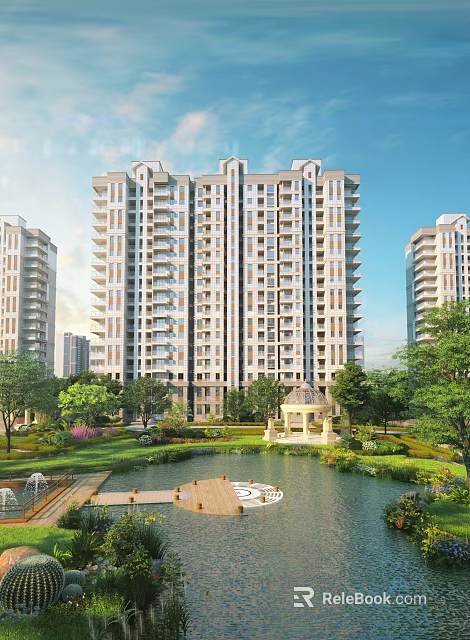 Modern High rise Residential Building With Lush Green Gardens Water Pond And Pavilion 3d model 