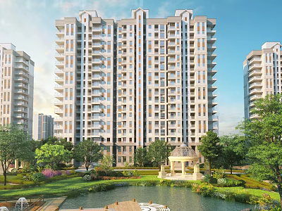 Modern High rise Residential Building With Lush Green Gardens Water Pond And Pavilion 3d model