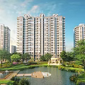 Modern High rise Residential Building With Lush Green Gardens Water Pond And Pavilion