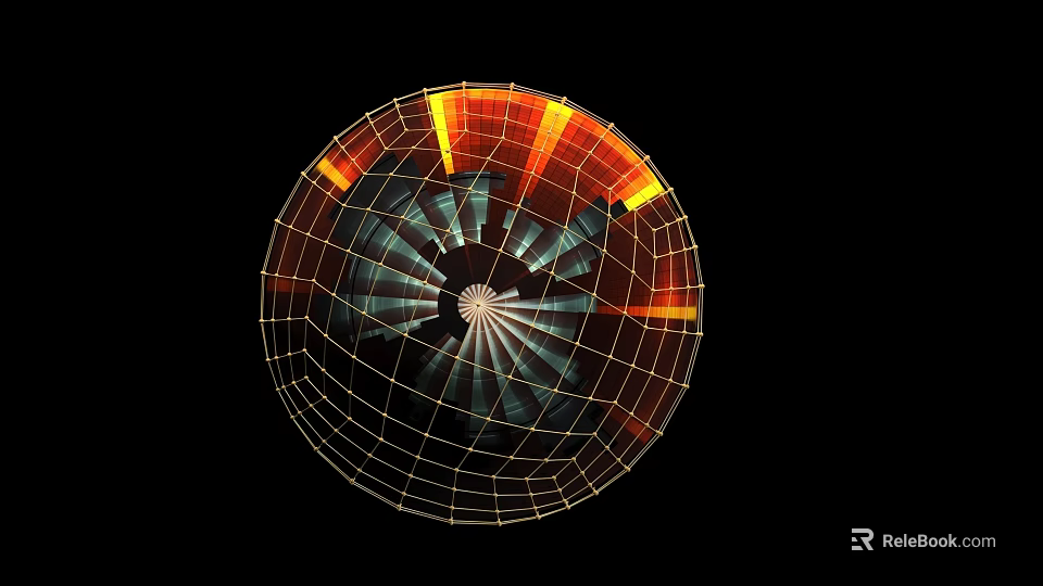 Spherical Art Installation With Grid Design And Interior Orange Blue Radiating Light Effects 3d model