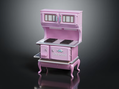 Vintage Pink Stove With Classic Cabinet Doors And Metal Burners On Retro Base 3d model