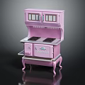 Vintage Pink Stove With Classic Cabinet Doors And Metal Burners On Retro Base