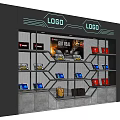 Modern Display Shelving Unit with Layers Displaying Electronics Red Blue Boxes Top LOGO and Poster