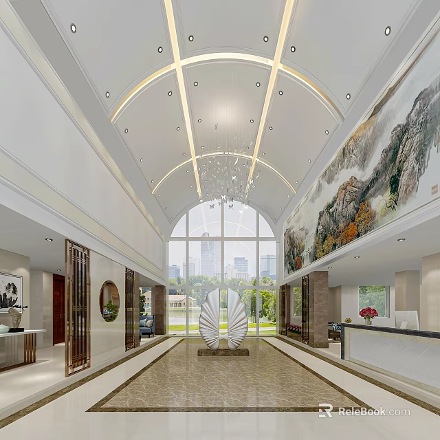 Luxurious Hotel Lobby Interior With Arched Ceiling Chandelier Large Landscape Painting And City View 3d model 