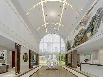Luxurious Hotel Lobby Interior With Arched Ceiling Chandelier Large Landscape Painting And City View 3d model