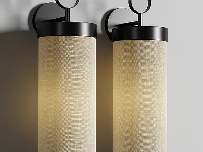 Modern Pair of Illuminated Wall Lamps with Fabric Shades and Black Metal Frames on Wall 3d model