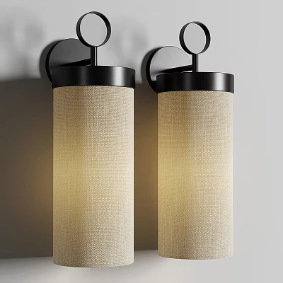 Modern Pair of Illuminated Wall Lamps with Fabric Shades and Black Metal Frames on Wall 3d model