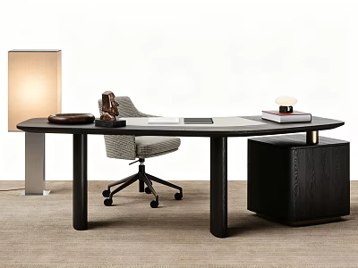 Modern Black Curved Desk With Grey Rolling Chair Side Cabinet And Table Lamp 3d model