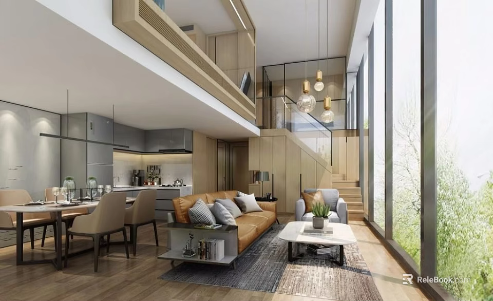 Modern Duplex Living Room Interior Design With Sofa Coffee Table Staircase Pendant Lights Large Windows Natural Light 3d model 