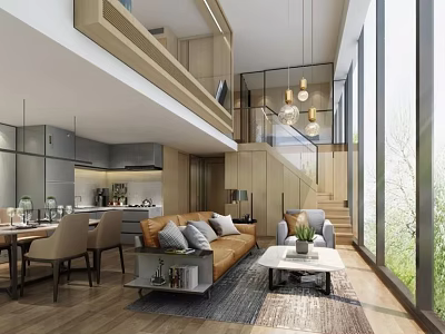 Modern Duplex Living Room Interior Design With Sofa Coffee Table Staircase Pendant Lights Large Windows Natural Light 3d model