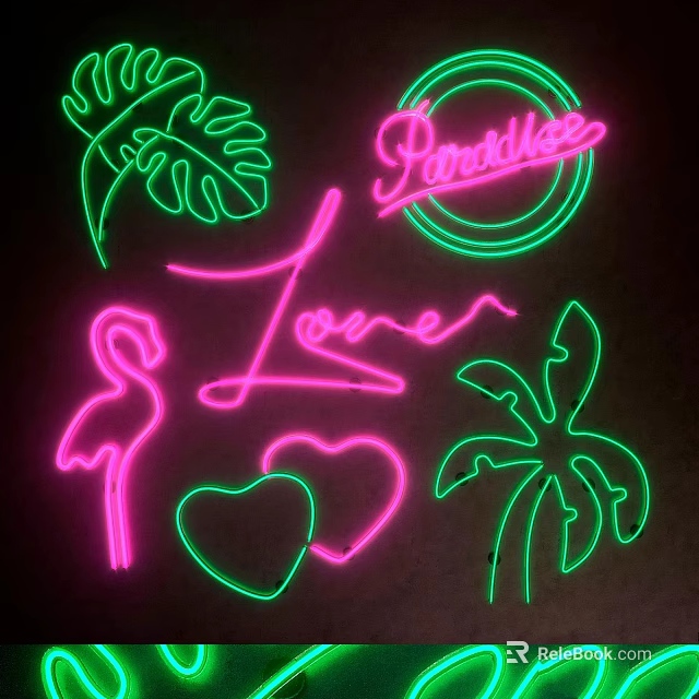 Vibrant Neon Light Box with Flamingo Heart Shape Monstera and Palm Leaves Design 3d model 