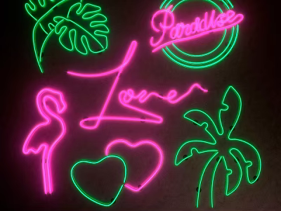Vibrant Neon Light Box with Flamingo Heart Shape Monstera and Palm Leaves Design 3d model